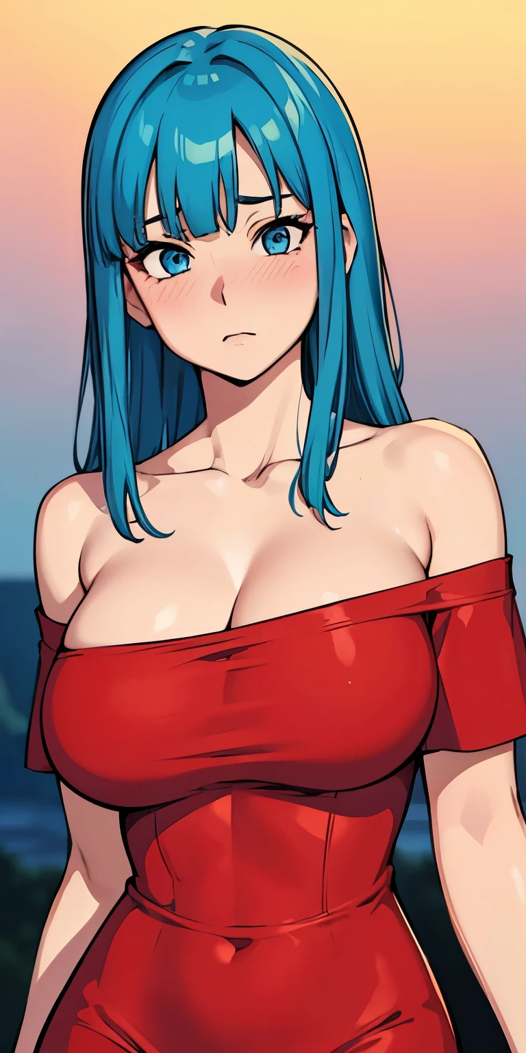 1 Female,High definition,high resolution,Ultra-realistic,8K, 1girl,maron,(red short dress), bare shoulder,(blue eyes,aqua hair,blunt bangs),off shoulder, large breasts,European,sexy,Upper body close-up,Photographed from the front,Dynamic Angles,(blush), (medium tits) 