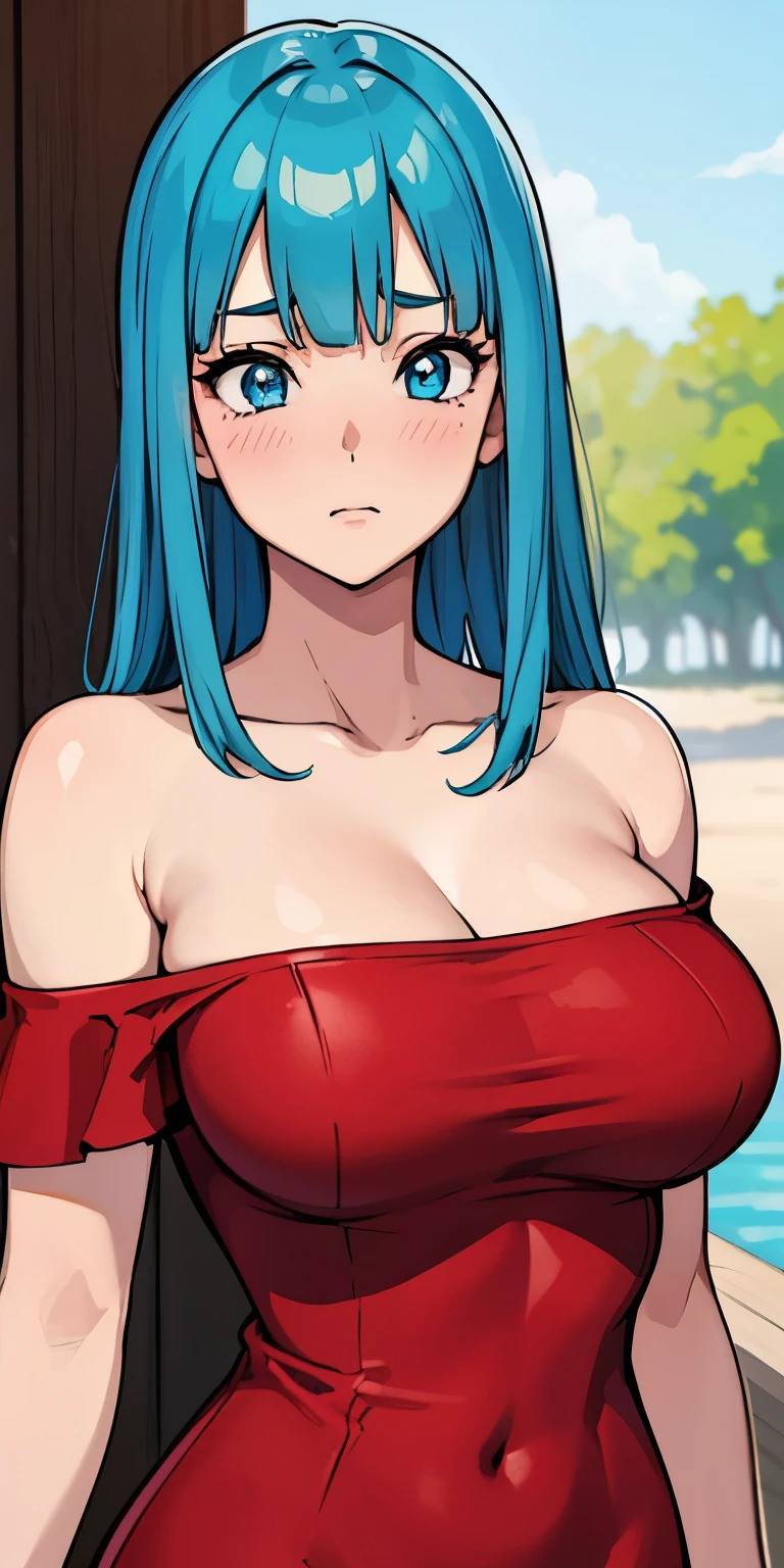 1 Female,High definition,high resolution,Ultra-realistic,8K, 1girl,maron,(red short dress), bare shoulder,(blue eyes,aqua hair,blunt bangs),off shoulder, large breasts,European,sexy,Upper body close-up,Photographed from the front,Dynamic Angles,(blush), (medium tits) 