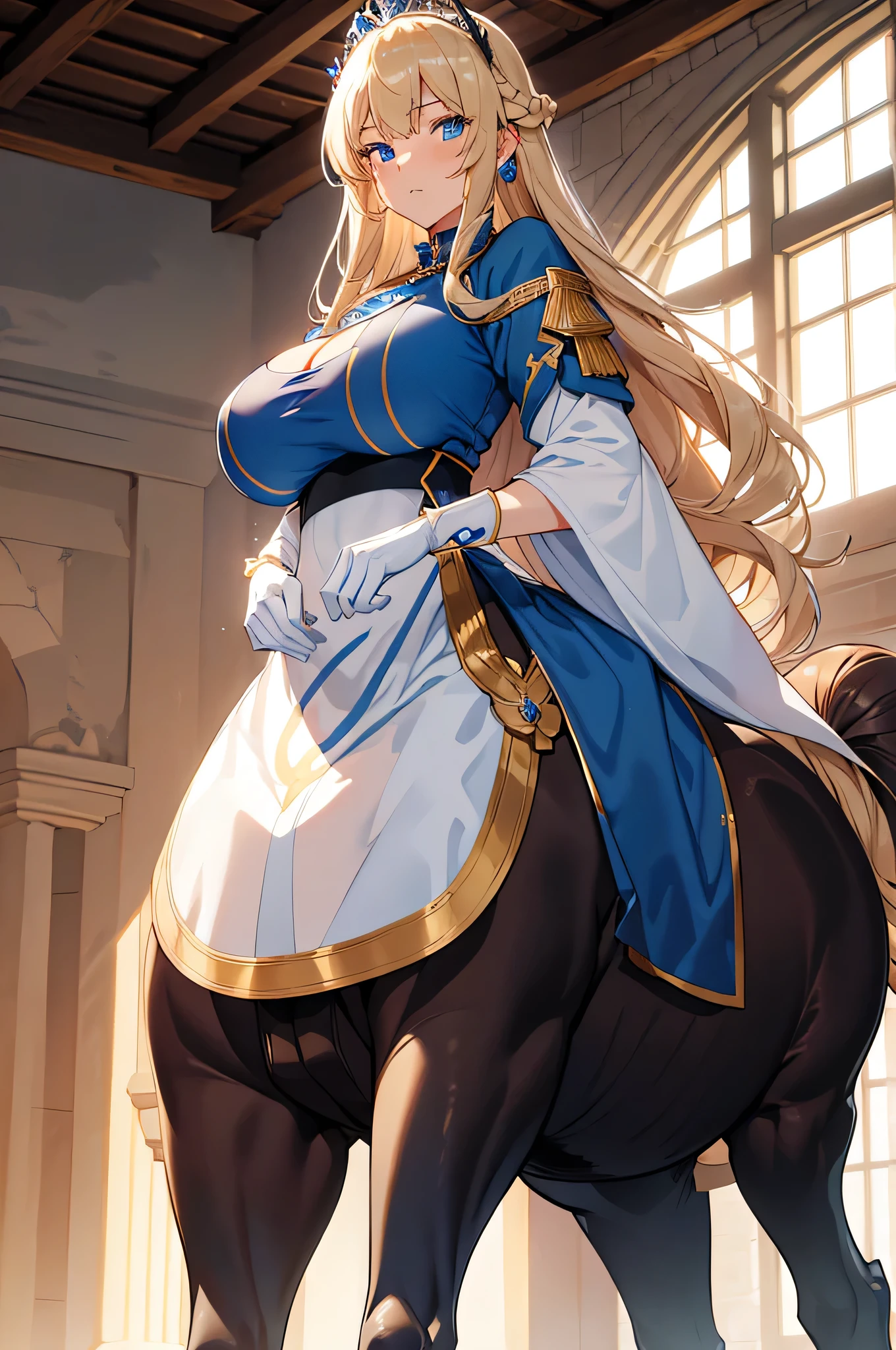 4K, high definition ,One Woman,Centaur,Blonde, long hair , blue eyes , brown fur, huge boobs from afar, Himeji Knight,Blue Dress, White Long Gloves,Princess Tiara, longsword ,Jewelry decoration,Medieval castle