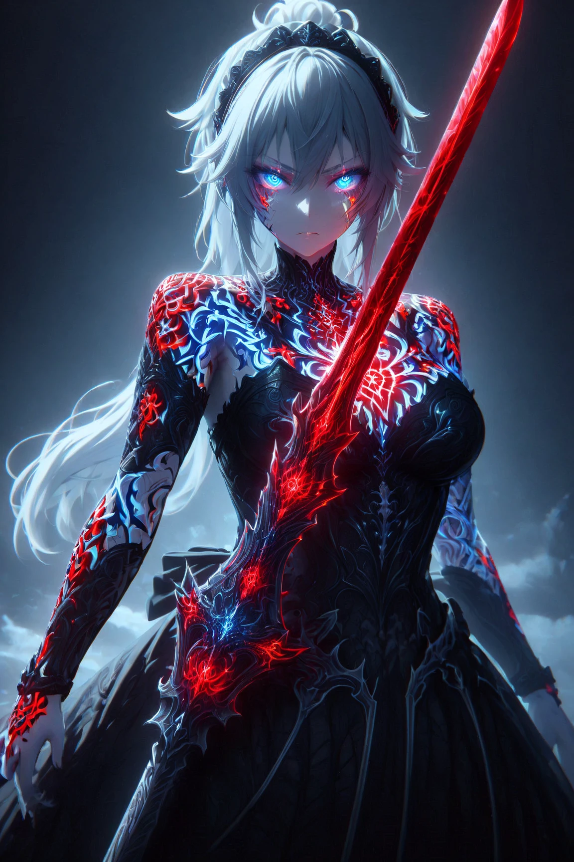 (Meisterwerk:1.3), (8K、beste Qualität:1.3), Girl, long silver hair with black hairband and short ponytail, High details, High resolution, perfect eyes, Bloody eyes, serious face, swing her sword, Black dress chest neckline off-shoulder ausschnitt, spider tattoo, full body view, sword glowing red, scar on her face, tattoo on amor, full body tattoo, 