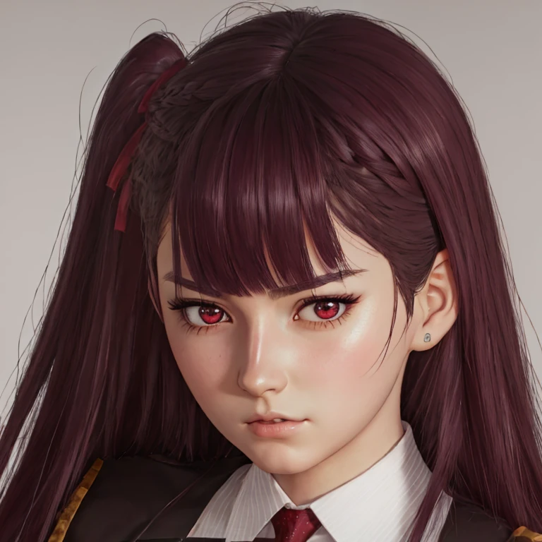  There is a woman with long hair who wears a suit and tie., colegiala hiperrealistic, a colegiala hiperrealistic, Realistic young anime girl  ,  Anime-style realism , estilo de arte anime realistic , estilo de arte de anime realistic , Estilo anime 3D realistic, portrait of an anime girl,  artwork in the style of Guweiz  , Detailed portrait of an anime girl,  incredible anime face portrait  . model,  of uralic origin (beautiful,elegant,sexy) and Eastern Europe (beautiful,sexy,linda),  just looking at the viewer , (realistic:1.4), (:1.0), Ojos rojos,  Round pupils  (perfecta), eyelashes(perfecta),form (perfecta),form(better light, perfecta),square face, ojos beautifuls y grandes(sexy), semi-sharp eyes (perfecta),shirt, jacket, red tie, pale white skin (bright light), ( burgundy hair color  ), Braid, (one side up:1.2), (  hair band ), (blush, ashamed), (while getting angry),(Detailed, ultra-Detailed, high Detailed, ultra realistic 8k CG,  perfect artwork, lyrical), wooden table, flores, information, no benefit 