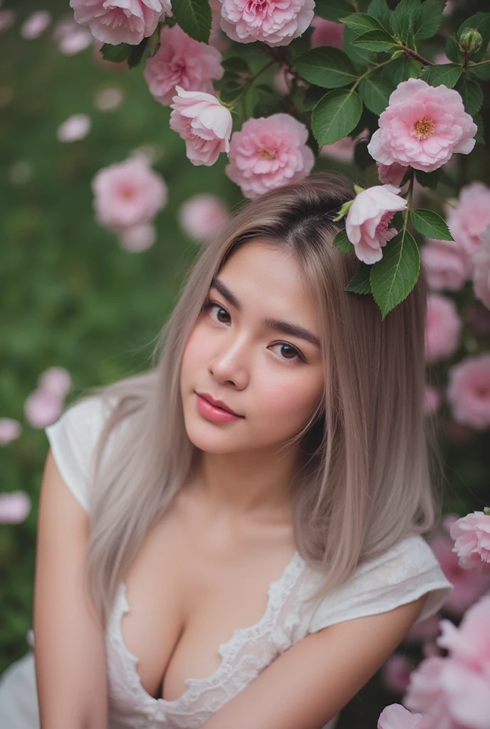 A beautiful girl in a garden, delicate flower petals falling around her, (best quality,4k,8k,highres,masterpiece:1.2),ultra-detailed,(realistic,photorealistic,photo-realistic:1.37),HDR,studio lighting,extreme detail description,professional,vivid colors,mystical,ethereal,dreamy,petals swirling,rose petals,cherry blossoms,soft lighting,natural scenery,lush foliage,1girl,beautiful detailed eyes,beautiful detailed lips,extremely detailed face,long eyelashes,serene expression,elegant pose