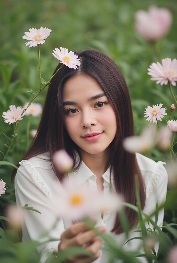 A beautiful girl in a garden, delicate flower petals falling around her, (best quality,4k,8k,highres,masterpiece:1.2),ultra-detailed,(realistic,photorealistic,photo-realistic:1.37),HDR,studio lighting,extreme detail description,professional,vivid colors,mystical,ethereal,dreamy,petals swirling,rose petals,cherry blossoms,soft lighting,natural scenery,lush foliage,1girl,beautiful detailed eyes,beautiful detailed lips,extremely detailed face,long eyelashes,serene expression,elegant pose