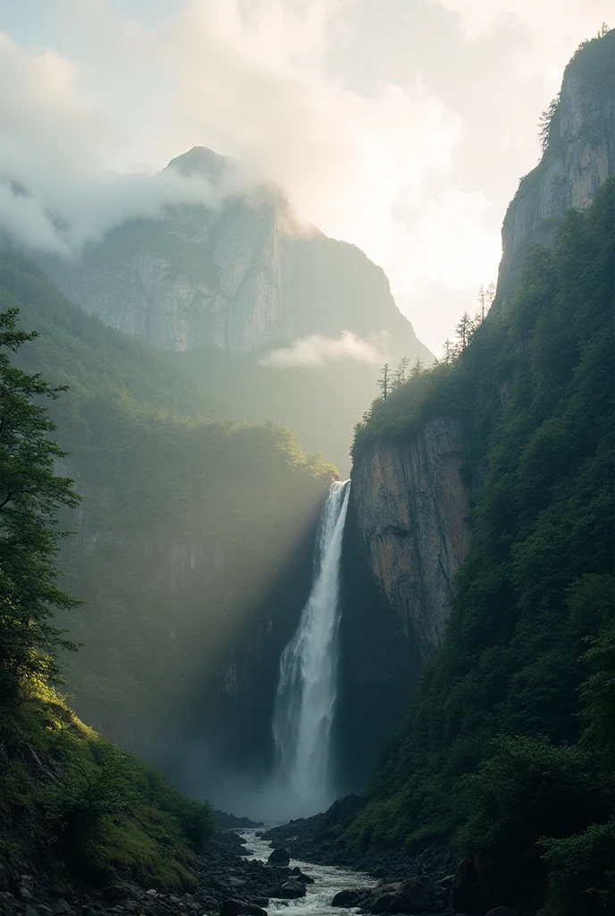 beautiful detailed waterfall in the mountains, lush green forests, dramatic rocks and cliffs, golden sunlight streaming through clouds, mist and fog, long exposure, highly detailed, cinematic lighting, dramatic shadows, vibrant colors, (best quality,4k,8k,highres,masterpiece:1.2),ultra-detailed,(realistic,photorealistic,photo-realistic:1.37),landscape, nature, landscape photography