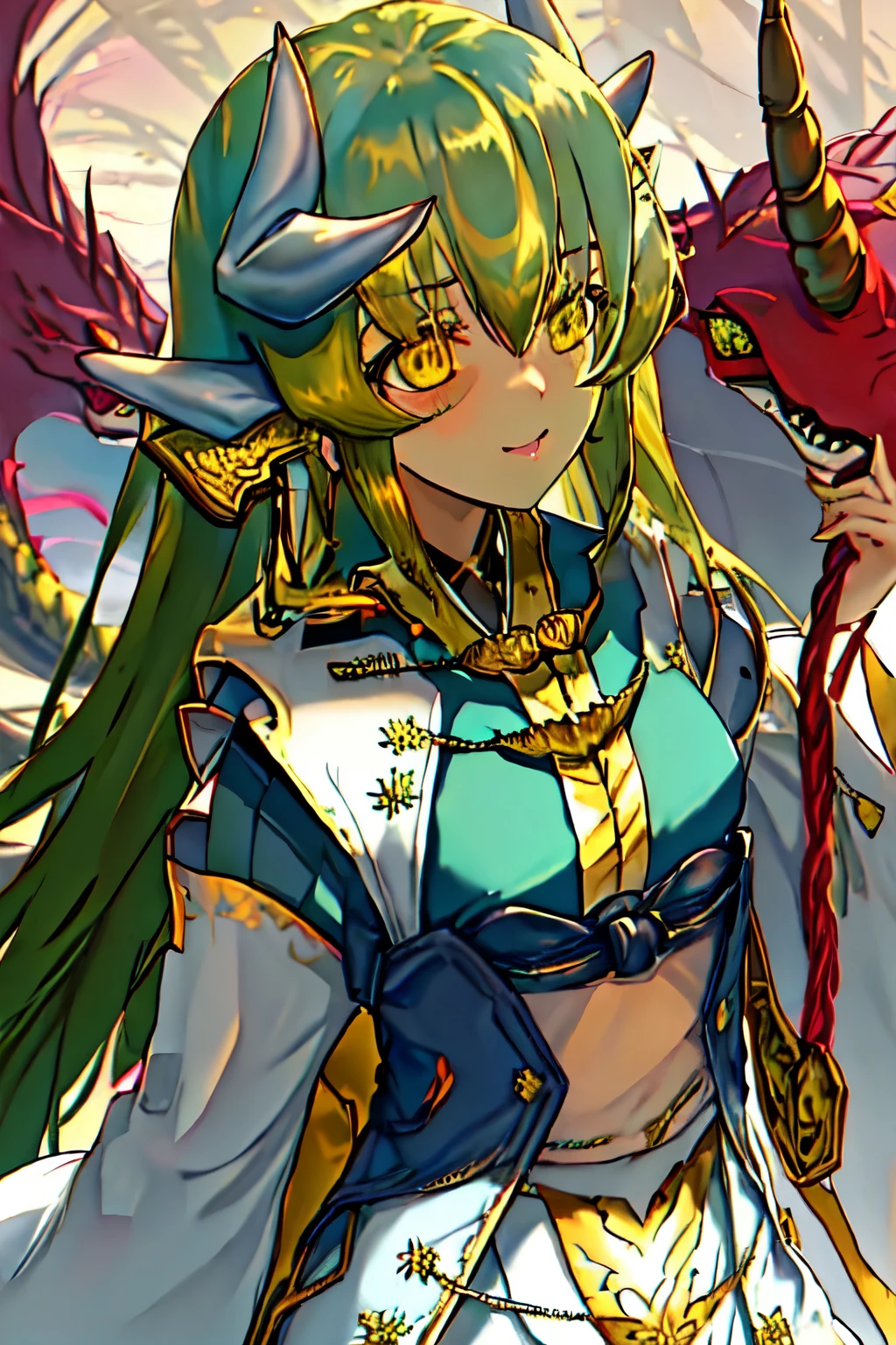  best quality,   Masterpiece ,  high definition , Alone, {_fgo:1.15}, horn, length_hair, yellow_eye,  dragon_horn, smile, , green_hair, 前hair, Aqua_hair, chest, hair_between_eye、 girl