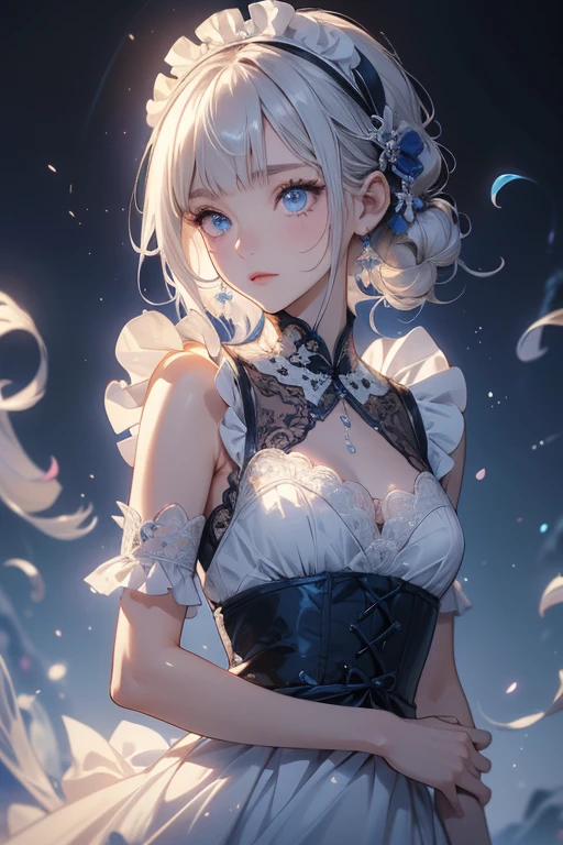 ((nsfw:1.2))((dress_default, terrific_default)):1.5,((solo, 1girl)) ((masterpiece,Highest quality,Highly detailed images,Beautiful images、Realistic、Dutch Angle)), (Bright lighting overall、Backlight、A fantastic atmosphere、Thick Fog、Dust flutters),(Dynamic pose、Looking up、Beautiful cleavage、large breasts)1.2, ((Beautiful starry sky:1.5、shooting star、Rooftop:1.2))((Flipping the fabric on the chest、Pick up clothes、One pink nipple is visible、Shy expression))、Black sleeves