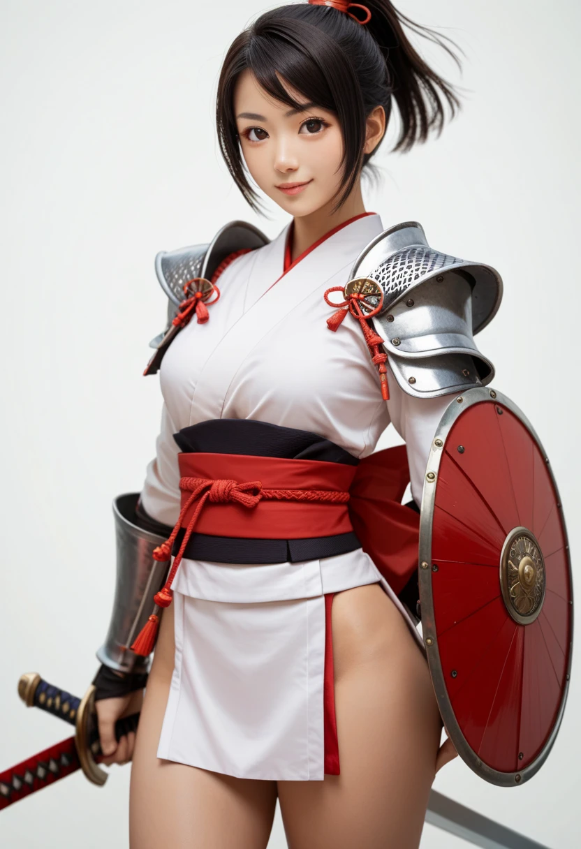 ((((masterpiece, best quality, high resolution)))), Extremely detailed 8K, Beautiful girl with voluptuous body, (Ultra HD, Ultra-detailed, Highly detailed, Highly realistic, Ultra-realistic, photograph realistic), (1girl:1.5), (Realistic black hair), (short wavy hair, earrings), (dynamic poses), facing at camera, looking at viewer, (blushing red, embarrassed), (blue eyes, sharp eyes), (perky breasts:1.2), (beautiful detailed face, beautiful detailed eyes), ((samurai metal armor, breasts plate)), (standing up), sweat, glow, (sunbeam, sunlight), ((cowboy shot)), inside dungeon, seductive