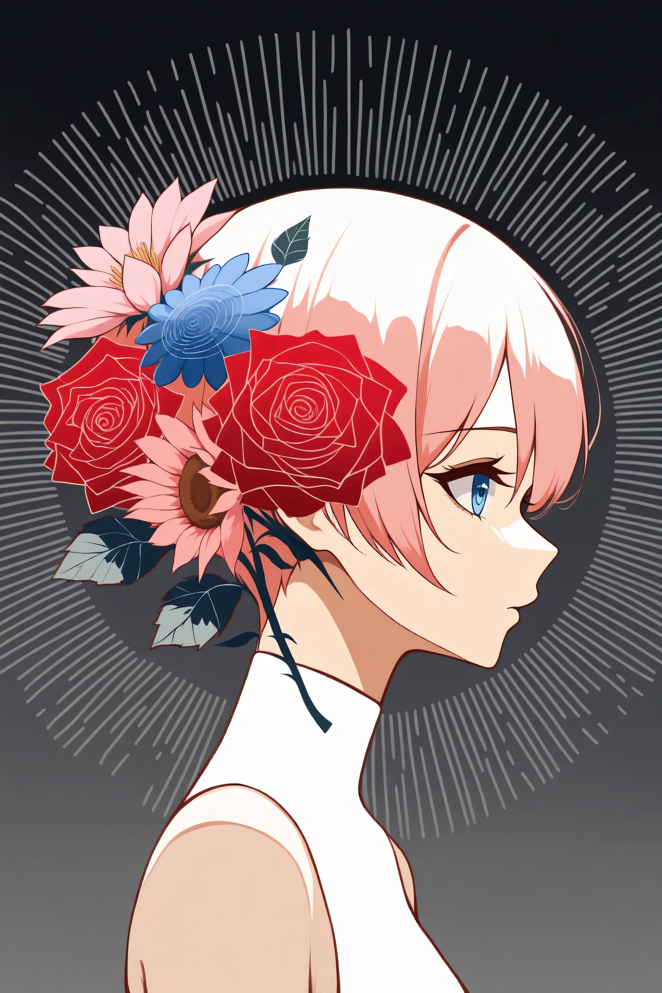 Anime girl with flowers in her hair and a sunburst - SeaArt AI