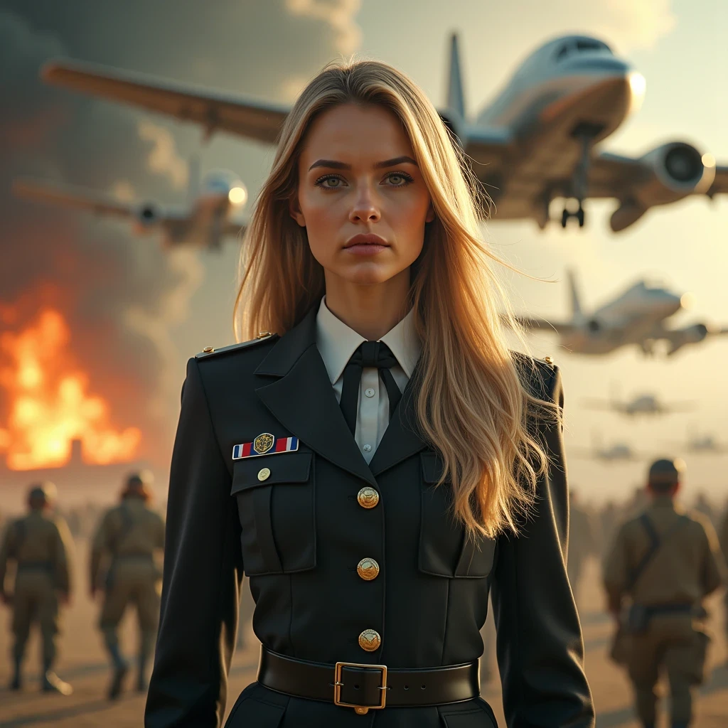 Realistic,Polite Dress,(Fighter Plane Action War Movie Poster),(Foundation Movie Reference: 1.8),Realistic,Air Force General Uniform,(Realistic Face Resolution),Cinematic Poses,Adult,Skinny,Small,Long Hair Dark Blonde Woman 1 Person,Serious Face,Science Fiction,Sci-Fi,Different Supporting Characters