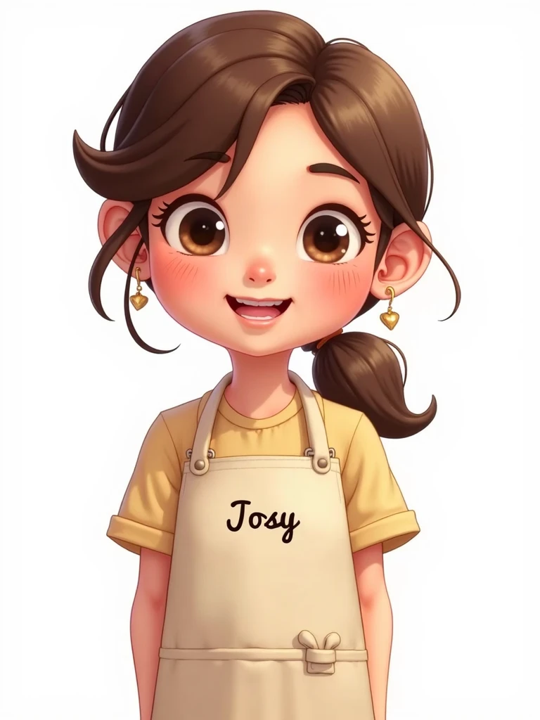 Create a  girl wera,  brown hair ,  who wears an apron that says (JOSY ),  Make Her Look Happy, with a white background and without earrings and that it is a cartoon style, anime