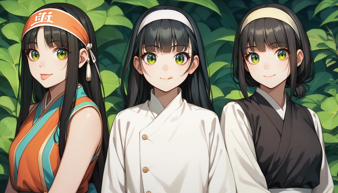 score_9, score_8_up, score_7_up, , rating_safe, intricate details, , looking at viewer, , (((3girls))), solo, qiang_lei, black hair, green eyes, long hair, low ponytail, headband,  ((full body shot)) tongue out 