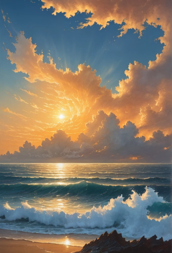 (Very detailed CG unity 8k wallpaper), sunrise over the sea, clouds in the sky, small waves in the sea, HD pictures, super detail, high quality, best quality, engage resolution The most beautiful artwork in the world, high detail, clear focus, dramatic, realistic painting art, blue sky.