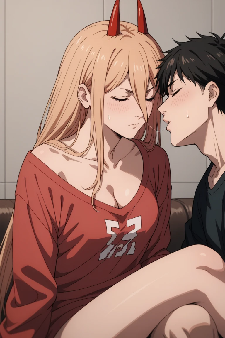  source_anime, BREAK, 1girl, solo, p0w3r0x1, power, long hair, blonde hair, red sweatshirt, red horns,demon pupils, nude, nude, cleavage, blushing, small breasts,    cleavage, indoor,hotel,cowboy shot, blushing, incoming kiss, sitting on lap, closed eyes, colarbone, 1boy, 1girl, kiss, couple, hetero male, tall male,  light skinnend male blaick haired male,