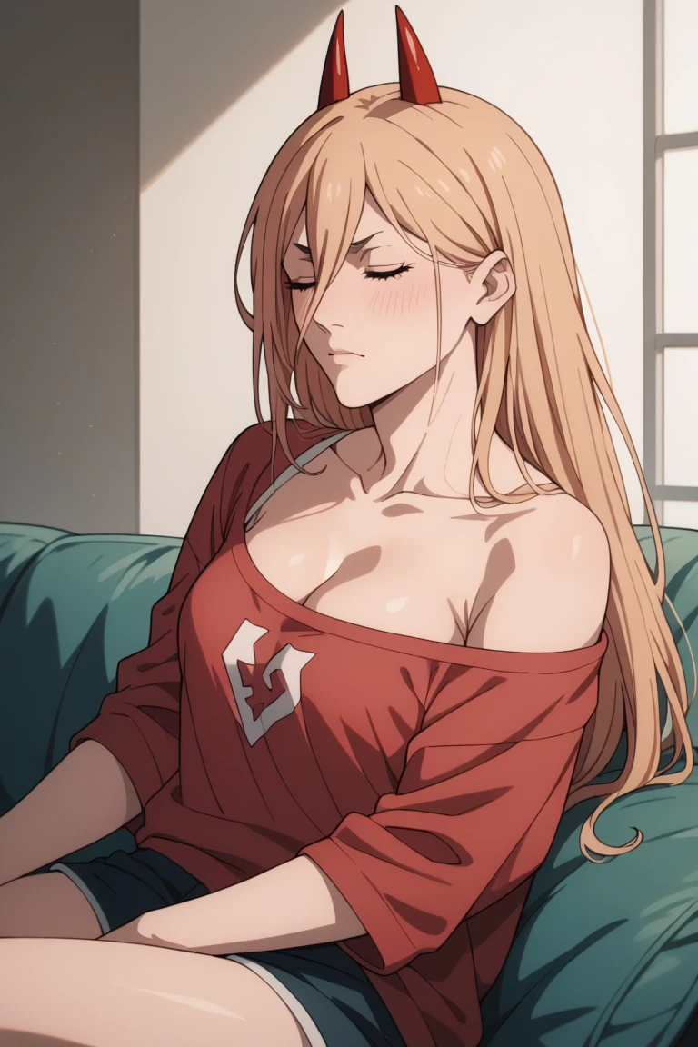  source_anime, BREAK, 1girl, solo, p0w3r0x1, power, long hair, blonde hair, red sweatshirt, red horns,demon pupils, nude, nude, cleavage, blushing, small breasts,    cleavage, indoor,hotel,cowboy shot, blushing, incoming kiss, sitting on lap, closed eyes, colarbone, 1boy, 1girl, kiss, couple, hetero male, tall male,  light skinnend male blaick haired male,