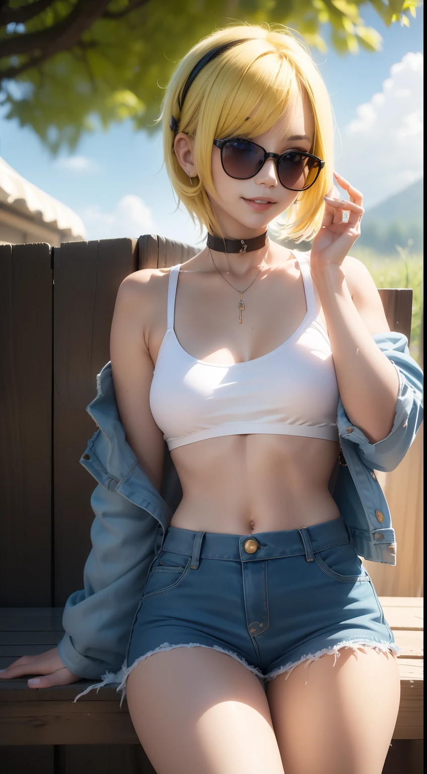 vibrant color, saturated color, colorful, 1girl, cowboy hat, beautiful face, white bra, green vest, no sleeve, navel, blue jeans, brown boots, fingerless gloves, short hair, blonde hair, parted bangs, blue eyes, mole under right eye, American old west, best quality, masterpiece, sensual but confident pose, thigh gap, wild west, sunny background,