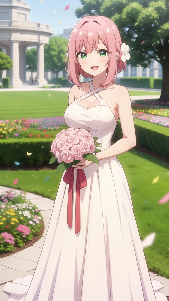 masterpiece, best quality, girl, solo, looking at viewer, hakari_wz, pink hair, medium hair, hair ornament,  hair flower, green eyes, large breasts, wedding Dress, standing, garden, confetti, holding bouquet, smile, open mouth,