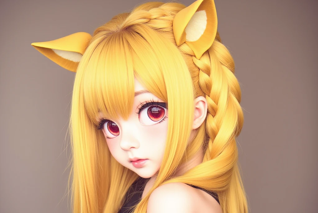 mayumi, (red_pupils), yellow_hair, side_braid, animal_ears, masterpiece, best quality, ultra-detailed, solo, 1girl