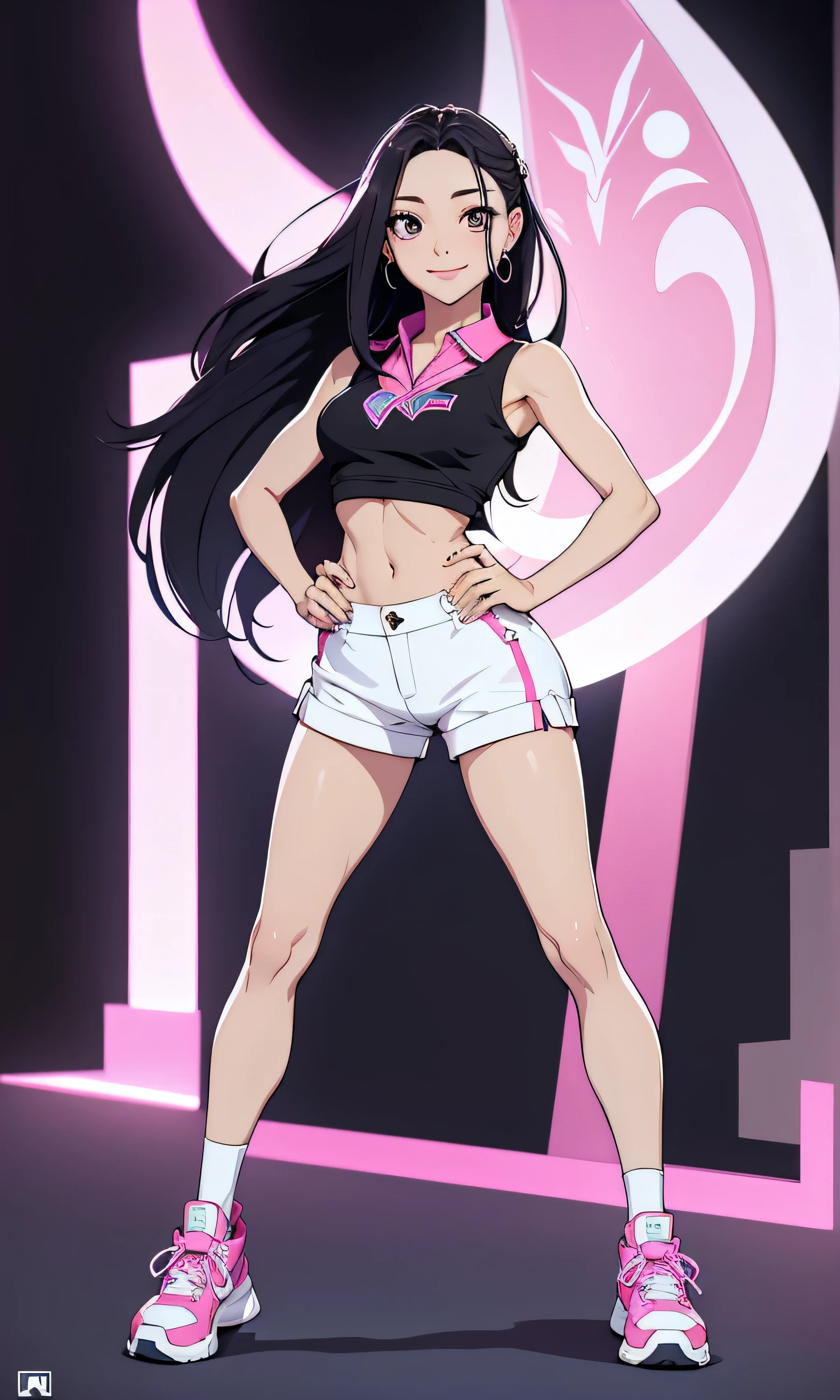  masterpiece,  a teenage girl , Yuna de Itzy, slim, beautiful,  Korean, Kpop,  long hair ,  black cabello,  black eyes, cuerpo entero, standing, flat stomach,  cute legs,  white skin , short color azul, pink top with logo, ties, Tender Pose, smile,  Shoes, at night,  dark background, low light,