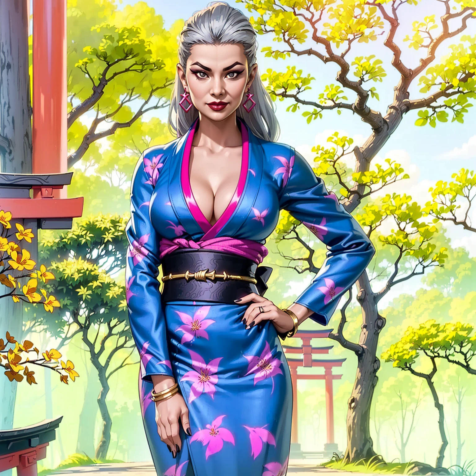 ((1girl, solo ,alone, ((sindel, black eyes, mortal kombat, gray hair, gray highlighted hair, slicked back hair, long hair)), painted nails, gold bracelets, ruby earrings)), ((solo, 1woman, pink lipstick, Extremely detailed, ambient soft lighting, 4k, perfect eyes, a perfect face, perfect lighting, a 1girl)), austere, ((fitness, , shapely body, athletic body, toned body)) , ((kimono, Yukata, Japanese garden, Japanese temple, forest, torii, trees, city in the background, red lipstick, clouds, smug smile, printed kimono, jacaranda trees, high heels, neckline, cleavage))