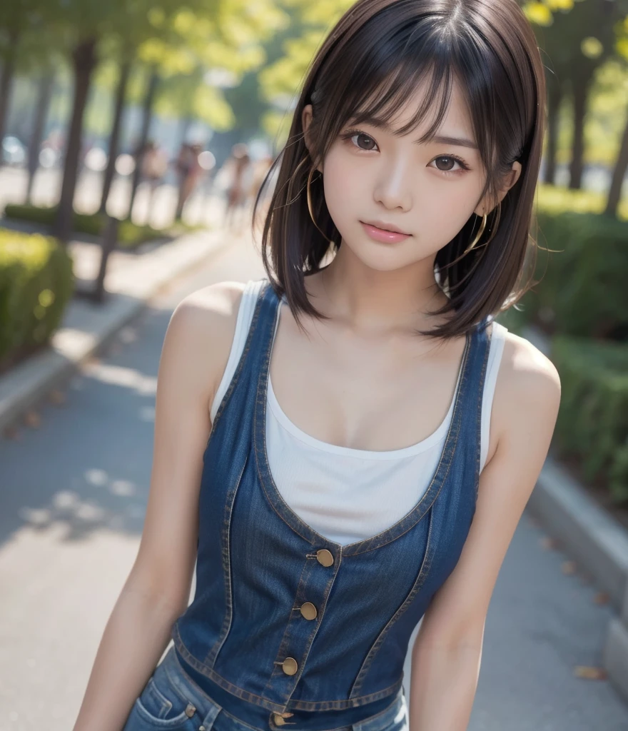  Famous Japanese Super Idol ,  beautiful standing,  Soft and supple Physical Beauty , 15yo,  RAW photos , 8k,  shortcuts ,  black hair, bangs,  shiny hair,  bob hair, Thready hairstyle/hair,  expressive hair ,  golden eyes,  sticks out his tongue ,  big sparkling eyes,  naughty face,  Sparkling Eyes, Mischievous,  Ribbons Hair Accessories,  high definition , masterpiece, accurate,  anatomically correct ,  won many awards , 最 High Quality ,  HD Model,  high detail,  High Quality ,  retina,  Very detailed,  textured skin ,  Ultra High Definition, 16k, Wild Beautiful Girl ,  Denim Sleeveless Jacket ,  pink tank top,  Denim Shorts,  knee-high socks,  Jacket Cuffs Left Cut