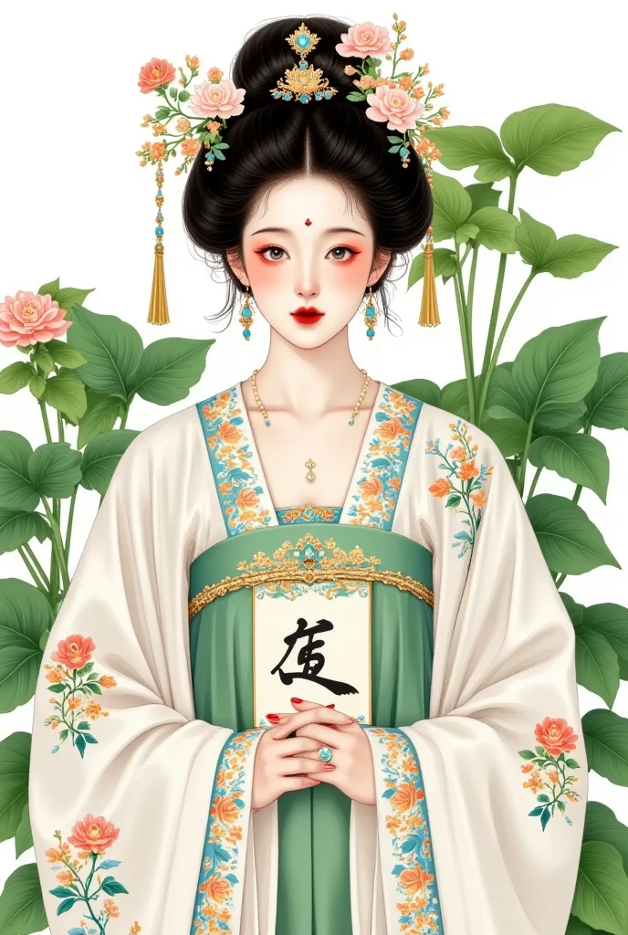  a watercolor painting ： beautiful Hanfu girl，Hosta，Card issuance，portrait，antiquity，Costume，