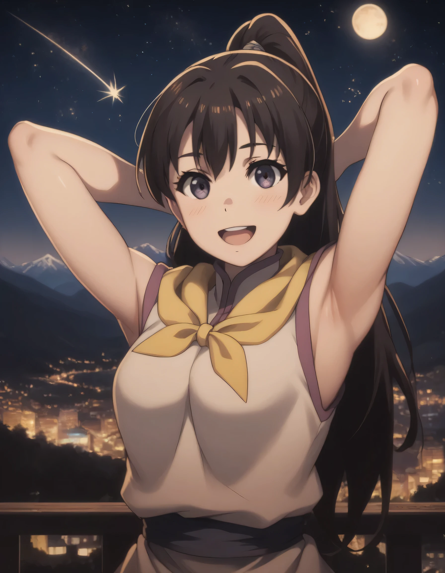 score_9, score_8_up, score_7_up, gsfghtr, (long straight hair), multicolored robe, neckerchief, sleeveless, cinematic Lighting, 1girl,solo,looking at viewer,blush,smile, open mouth,top of mountain, city view, moon, shooting stars, armpits, (bright lighting from front)