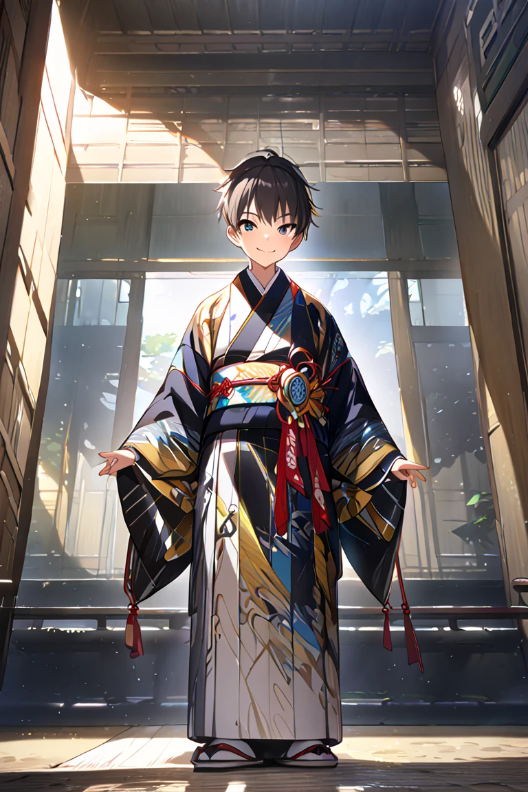 (masterpiece:1.2,  best quality), ( high definition), boys, , kimono, standing, smile, Volumetric Lighting, Best Shadow,  Shallow Depth of Field , (  best quality , Amazing Details:1.25)