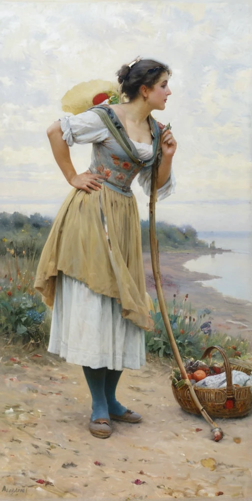 painting of a woman with a basket of fruit and a stick, daniel ridgway knight, eugene de blaas, albert lynch, tuomas korpi bouguereau, by Eduard von Grützner, by Albert Henry Krehbiel, by Adolf Hirémy-Hirschl, by Emile Lahner, charles sillem lidderdale