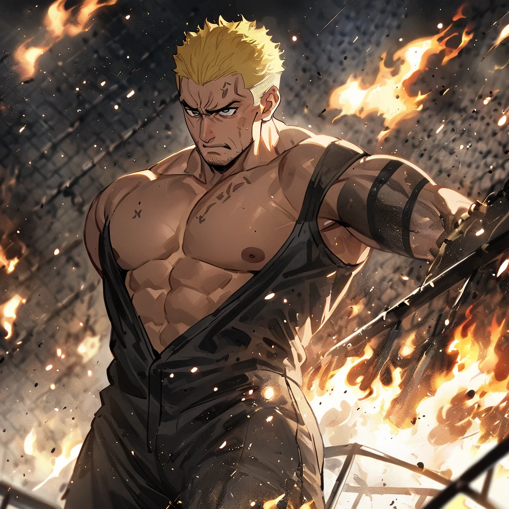 1boy, masculine , blond hair, fighter, shirtless