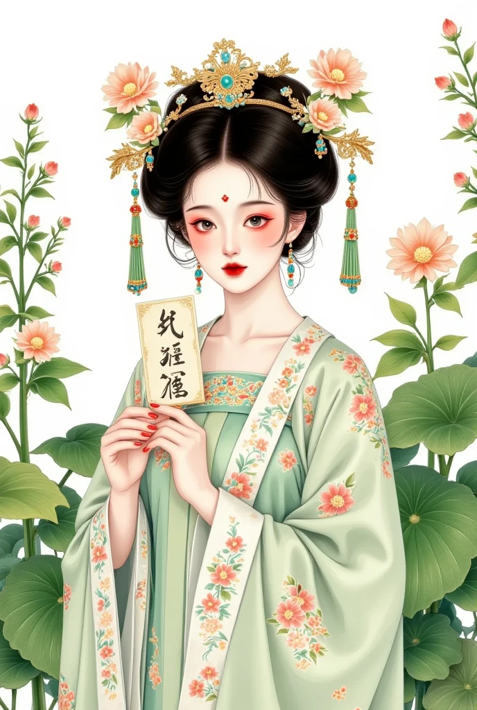  a watercolor painting ： beautiful Hanfu girl，Hosta，Card issuance，portrait，antiquity，Costume，