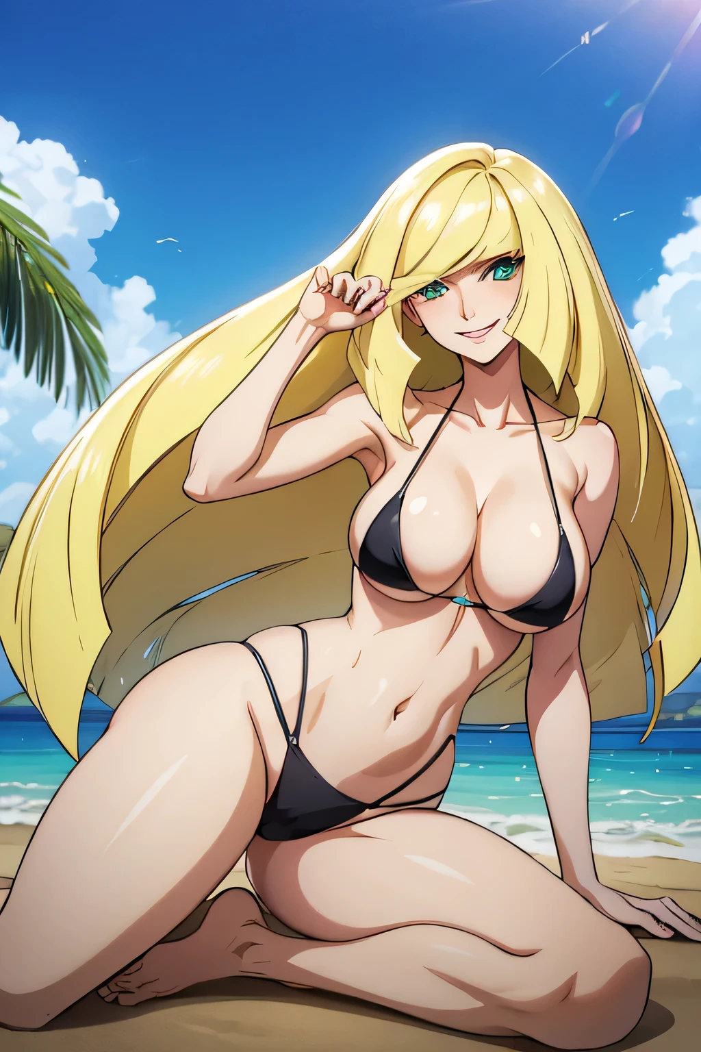 lusamine, evil smile, méchant , bikini , visage sournois ., sourire sournois, cheveux blond, erotic pose, large breast, barefoot
