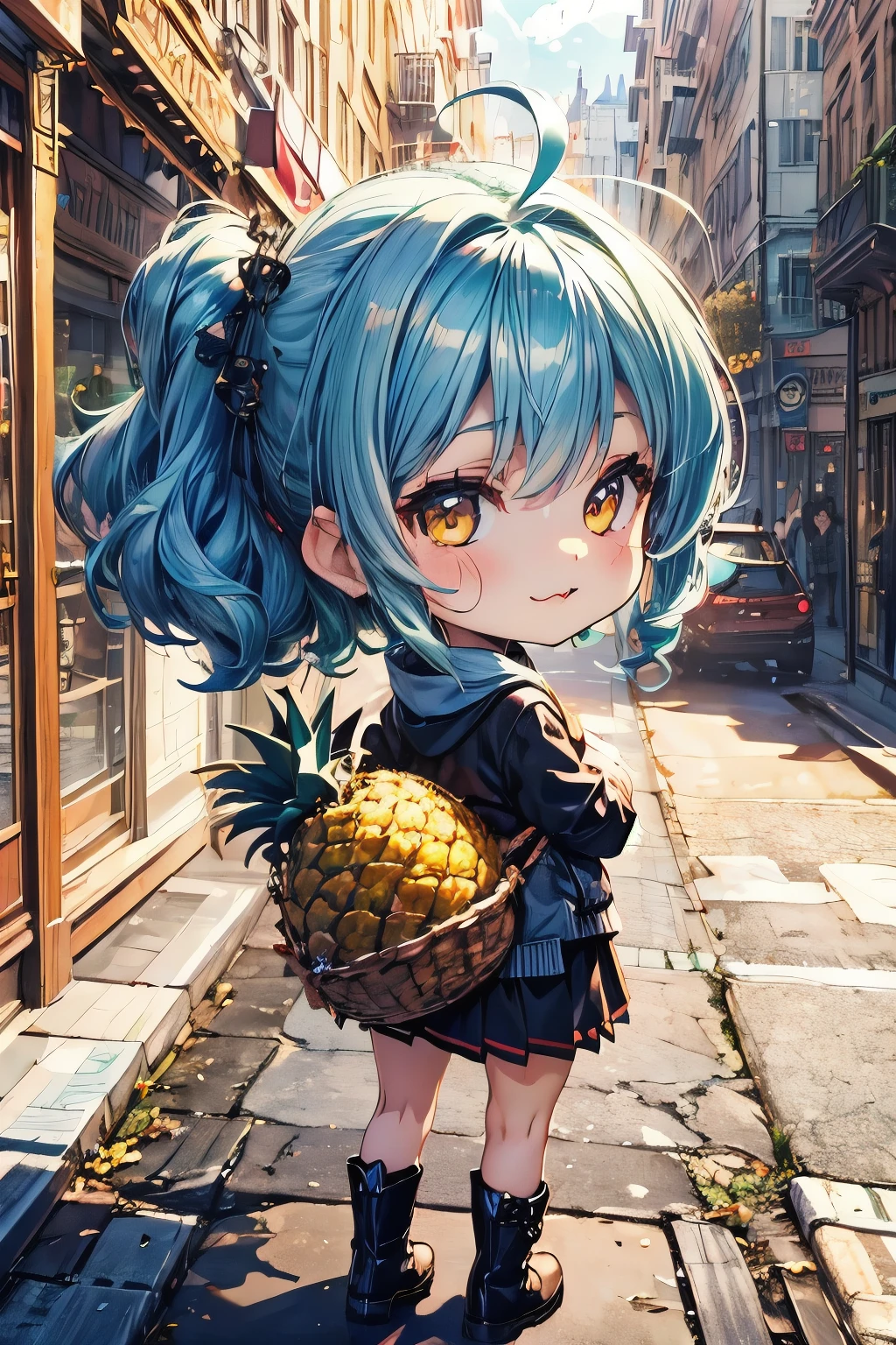 ( Masterpiece、 fresh pineapple:1.3)、(3d,Anime Moe、Chibi Body、 light blue hair color , Short chignon hair、 curly hair 、 A Clear Face in the Shadows、Golden Eyes、:3, Ahoge:1.2)、(Chibi Hero、Skirt fluttering、A Hero's Daily Life:1.4)、( Short Boots 、 short skirt 、Fall in a flashy way、underwear、Secret Base、Gothic architecture:1.2)、