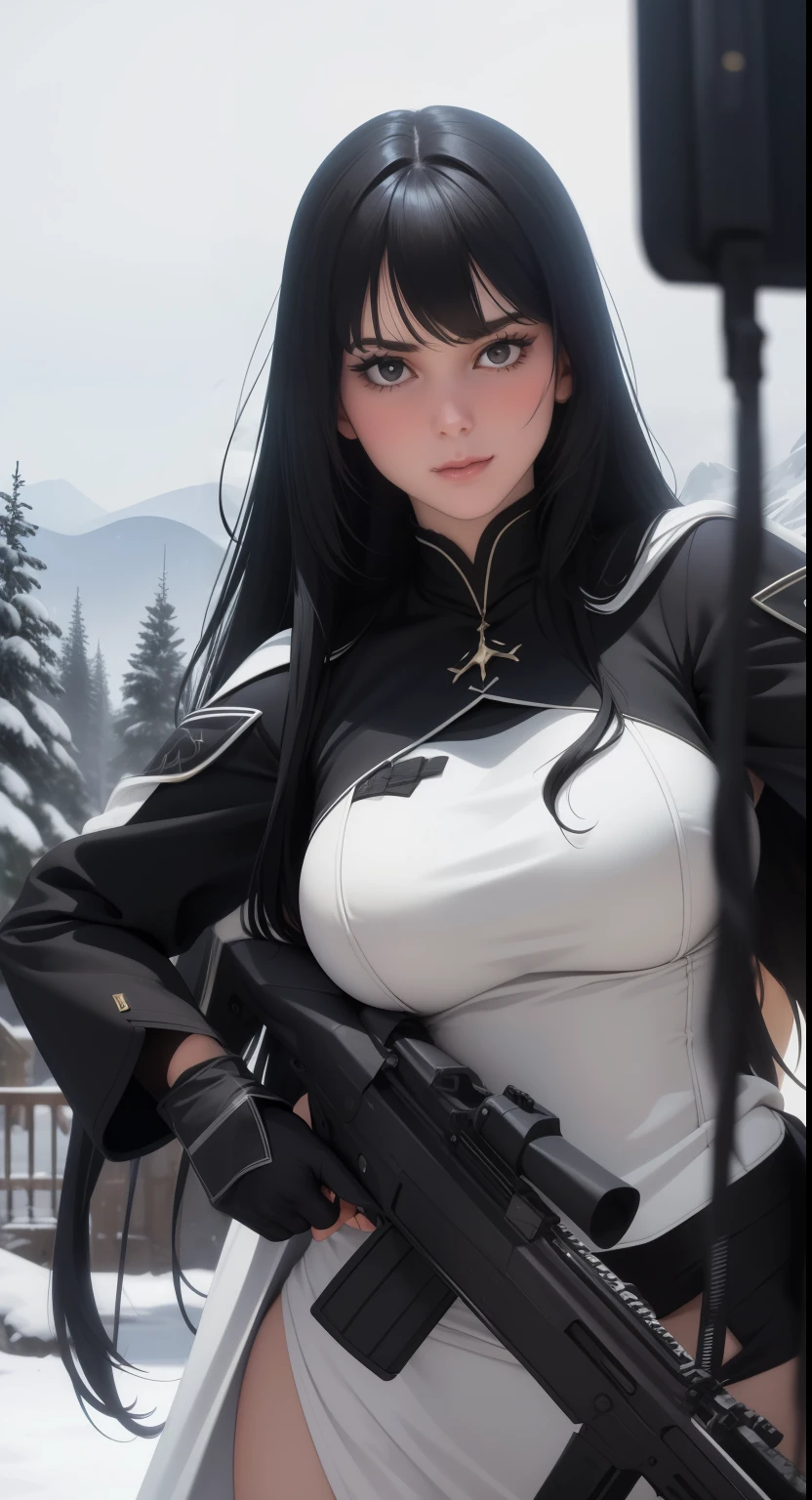 Photorealistic, high resolution, Beautiful tall woman, Solo,  view the viewer, (Detailed face),Black color hair, long whitr hair, White cape costume, Snow background, Girl aiming  assault rifle