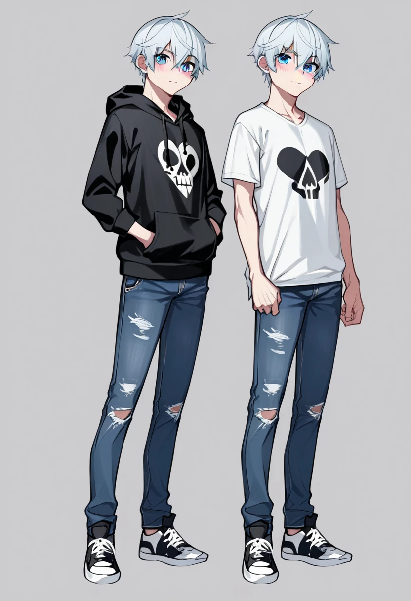 A boy with short hair, bangs that cover the eyes, fluffly, and blushed, de 16 anos, with a big, baggy sweatshirt with a skull print, wearing short shorts, and an effeminate male body, dark blue black hair, cor da pele, pale white, do it on a bed with legs open Do just one character