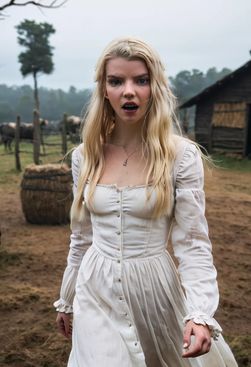 Albino girl with long, wavy hair, zombie apocalypse survival clothing 