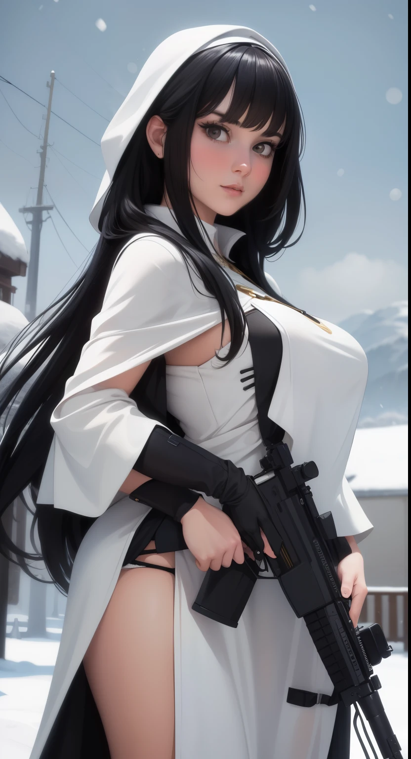 Photorealistic, high resolution, Beautiful tall woman, Solo,  view the viewer, (Detailed face),Black color hair, long whitr hair, White cape costume, Snow background, Girl aiming  assault rifle