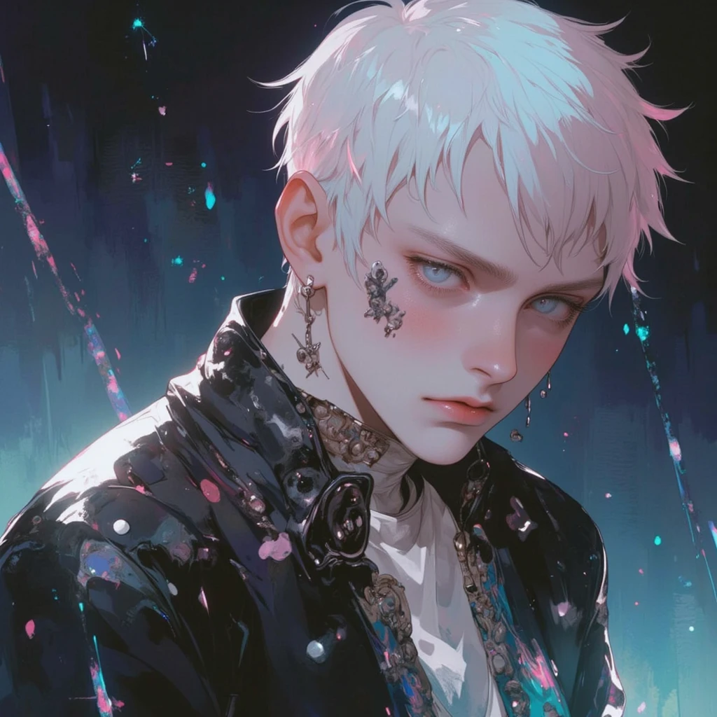 a boy, white theme, very short hair, sharp eyes,glance at me,angry,ethereal 
 background, dark background,kawaii anime, white hair , flat animation, neckless, black jacket, black cloth, white inner shirt, tattoo, angry