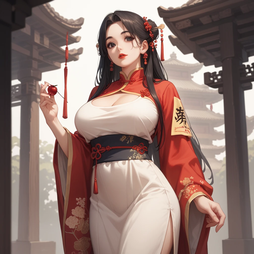 Female with long black straight hair, hairpin, big breasts, cleavage, Tang Dynasty imperial concubine’s dress, flowery shoes, Chinese palace