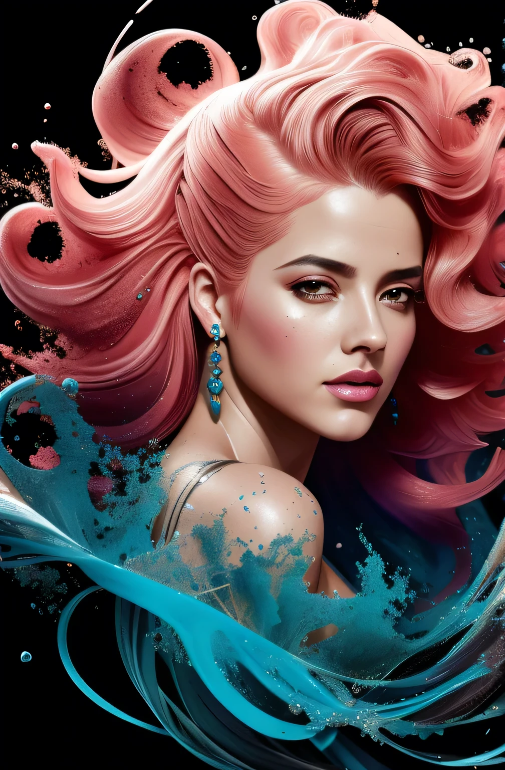 obra-prima, alta qualidade, foco afiado, uma sereia, flowing pink hair, coberto de conchas e algas, muitos peixes, oceano, rosto perfeito, maxilar perfeito, pele texturizada, beautifull lips, raios solares, warm ilumination, atmosfera fria, 8k, uhd, absurdres