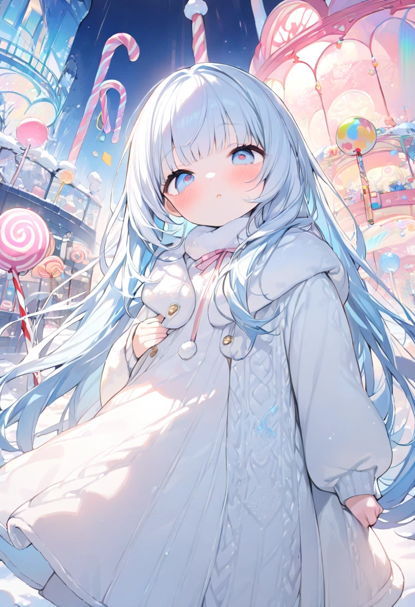 masterpiece, best quality, extremely detailed, (illustration, official art: 1.1), 1 girl, (((light blue long hair)))), ((( long hair))), light blue hair,, long hair ((blush)) , cute face, big eyes, masterpiece, best quality, (((a very delicate and beautiful girl)))), amazing, beautiful detailed eyes, blunt bangs (((little delicate girl)))), tareme (true beautiful: 1.2), sense of depth, dynamic angle,, (((tareme))), (true beautiful: 1.2), (tiny 1girl model: 1.2) (flat chest), A colorful candy-themed mall with giant lollipops, candy canes, and chocolate bars adorning the walls, creating an enchanting atmosphere for ren to explore in their dreamy world of sweet treats. The artwork focuses on faces、 She is hiding her breasts with her hands with a look of shame on her face., 1 girl, white coat, knit , winter clothes, white breath, winter, winter,