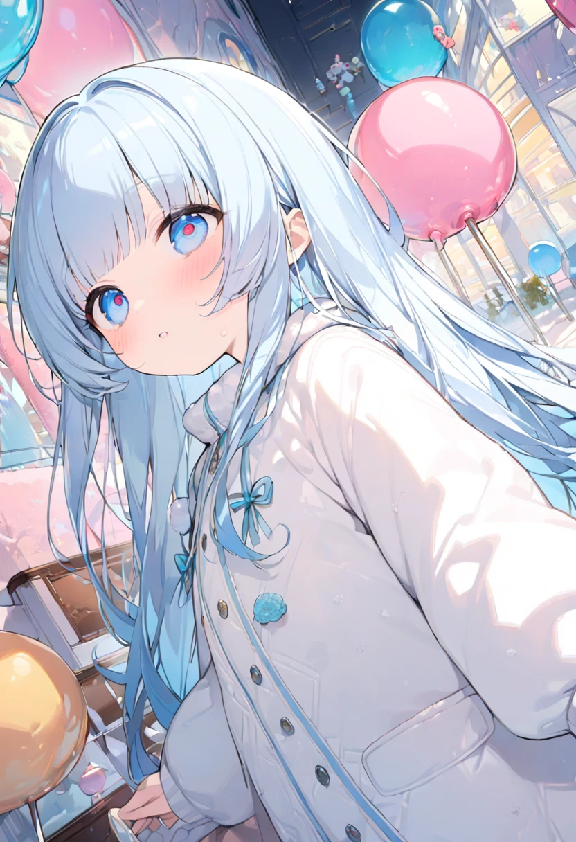 masterpiece, best quality, extremely detailed, (illustration, official art: 1.1), 1 girl, (((light blue long hair)))), ((( long hair))), light blue hair,, long hair ((blush)) , cute face, big eyes, masterpiece, best quality, (((a very delicate and beautiful girl)))), amazing, beautiful detailed eyes, blunt bangs (((little delicate girl)))), tareme (true beautiful: 1.2), sense of depth, dynamic angle,, (((tareme))), (true beautiful: 1.2), (tiny 1girl model: 1.2) (flat chest), A colorful candy-themed mall with giant lollipops, candy canes, and chocolate bars adorning the walls, creating an enchanting atmosphere for ren to explore in their dreamy world of sweet treats. The artwork focuses on faces、 She is hiding her breasts with her hands with a look of shame on her face., 1 girl, white coat, knit , winter clothes, white breath, winter, winter,