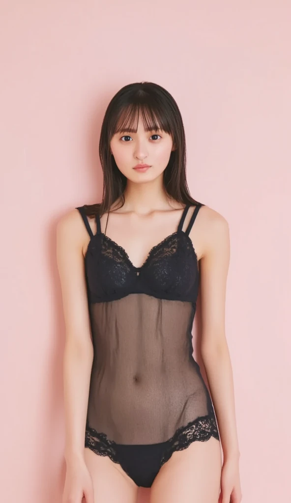 naked，   SEE-THROUGH BLACK LINGERIE，細身の体，      small breasts，     small ass     ，Butt facing pose ，T-bag   ，        small breasts，masterpiece, Top Quality      ,     whole body