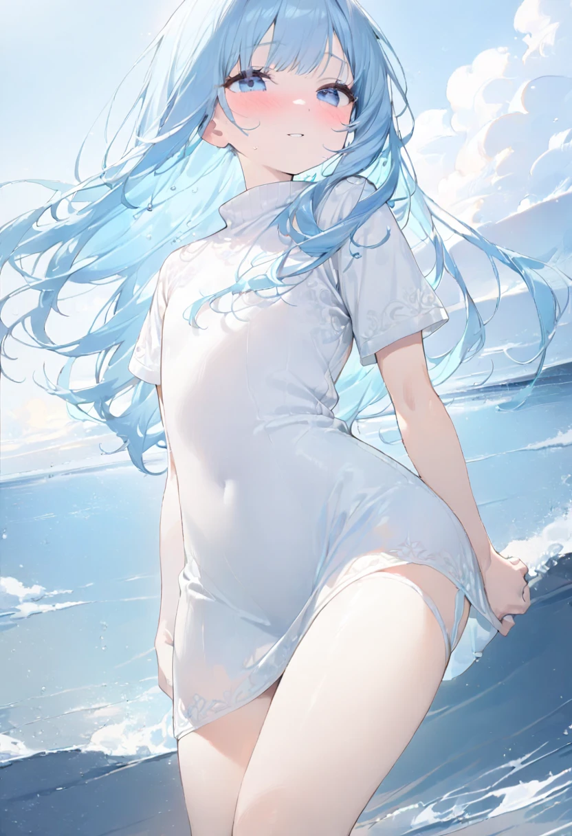 masterpiece, best quality, extremely detailed, (illustration, official art), 1 girl ,(((( light blue long hair)))), ,(((( light blue long hair)))),light blue hair, , long hair ((blush)) , cute face, masterpiece, best quality,(((((a very delicate and beautiful girl))))),Amazing,beautiful detailed eyes,blunt bangs((((little delicate girl)))),tareme(true beautiful:1.2), sense of depth,dynamic angle,,,, affectionate smile, (true beautiful:1.2),,(tiny 1girl model:1.2),)(flat chest) ,(masterpiece, best quality:1.2), 1 girl, alone, solo, ((white dress)), ((tinged with the sea: 1.3))、、pacific ocean、、(random pose),(random hairstyle),(Highest image quality、、thigh high socks,a realistic representation of the face,masterpiece,Sense of presence),sweater,tight mini skirt,stockings,Engineer boot, standing, school uniform,,sweater,, (long coat, muffler),, white sailor suit,