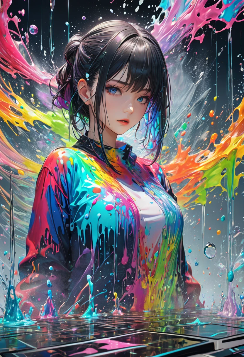 ((1 girl)), colorful, Dot, colorfulなペイント, splash paint, liquid, fog, Bright colors, matrix, hologram, disorganized, Detailed, Super detailed, very detailed, Complex, masterpiece, 8k，KHD，8K resolution，master piece