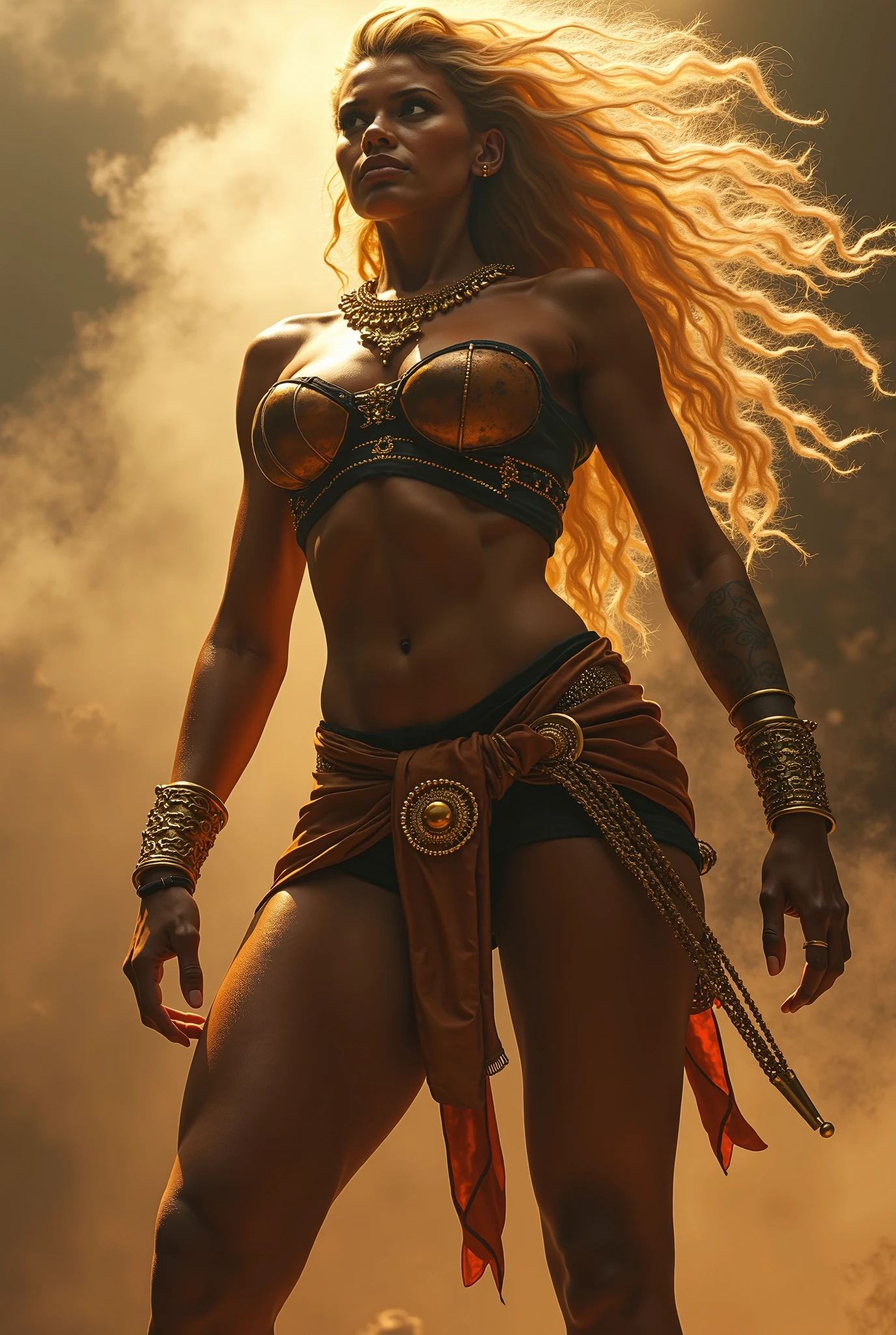Photo RHIANNA , full body of the most beautiful artwork in the world , dressed in an intricate outfit with flames in the desert, iridecent, trend