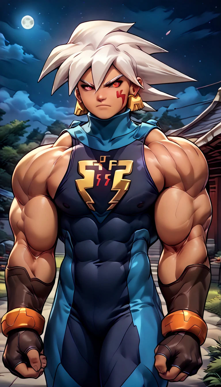  anatomically correct ,  Max Image,(((( huge muscles, sc1er6 {x} mega man {x} sc1er6 {x} mega man {x} x} x} is a good idea)))),source anime,highly detailed,score 9,score 8 up,score 7 up,male focus,((bl6ck _ sc1er6 , colored sclera, black sclera,gloves, elbow gloves, black gloves,  capelet , black  capelet , fingerless gloves))frown, cowboy shot, Alone ( mega man ), Alone, 1boy, white hair, spiked hair, hair between eyes, facial mark, white eyebrows, red eyes, dark skin, bodysuit, crest, earrings, long sleeves, upper body night, moon, outdoors