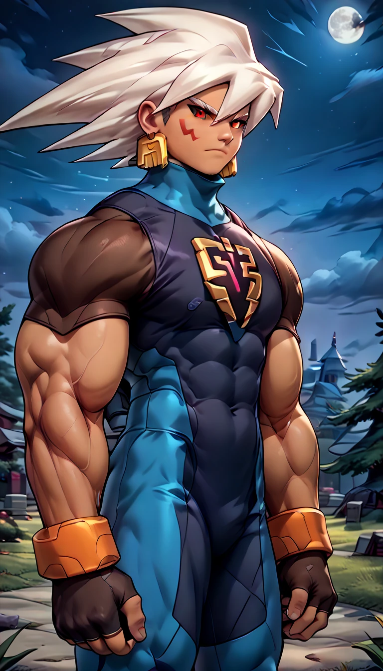  anatomically correct ,  Max Image,(((( huge muscles, sc1er6 {x} mega man {x} sc1er6 {x} mega man {x} x} x} is a good idea)))),source anime,highly detailed,score 9,score 8 up,score 7 up,male focus,((bl6ck _ sc1er6 , colored sclera, black sclera,gloves, elbow gloves, black gloves,  capelet , black  capelet , fingerless gloves))frown, cowboy shot, Alone ( mega man ), Alone, 1boy, white hair, spiked hair, hair between eyes, facial mark, white eyebrows, red eyes, dark skin, bodysuit, crest, earrings, long sleeves, upper body night, moon, outdoors