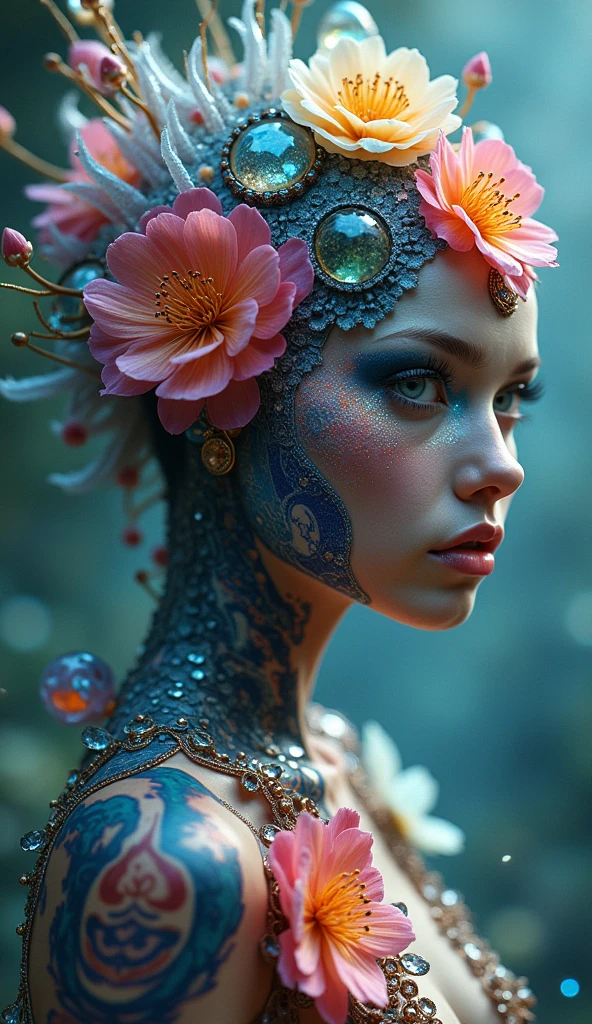 araffed woman in an elaborate dress holding a bouquet of Roses, in the style of cyberpunk, vibrant color compositions, body art, glittery, figura serpentinata, cinestill 50d, full body --ar 21:32 --s 750 --niji 5 --style cute