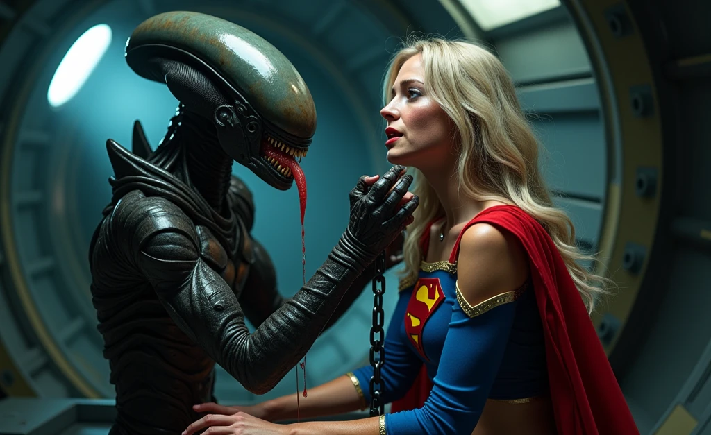 Group of aliens, strangling supergirl with her hands on the floor, Melissa Benoist, beautiful face, hyper detailed face, eyes close, painful face, hyper realistic, photorealistic,