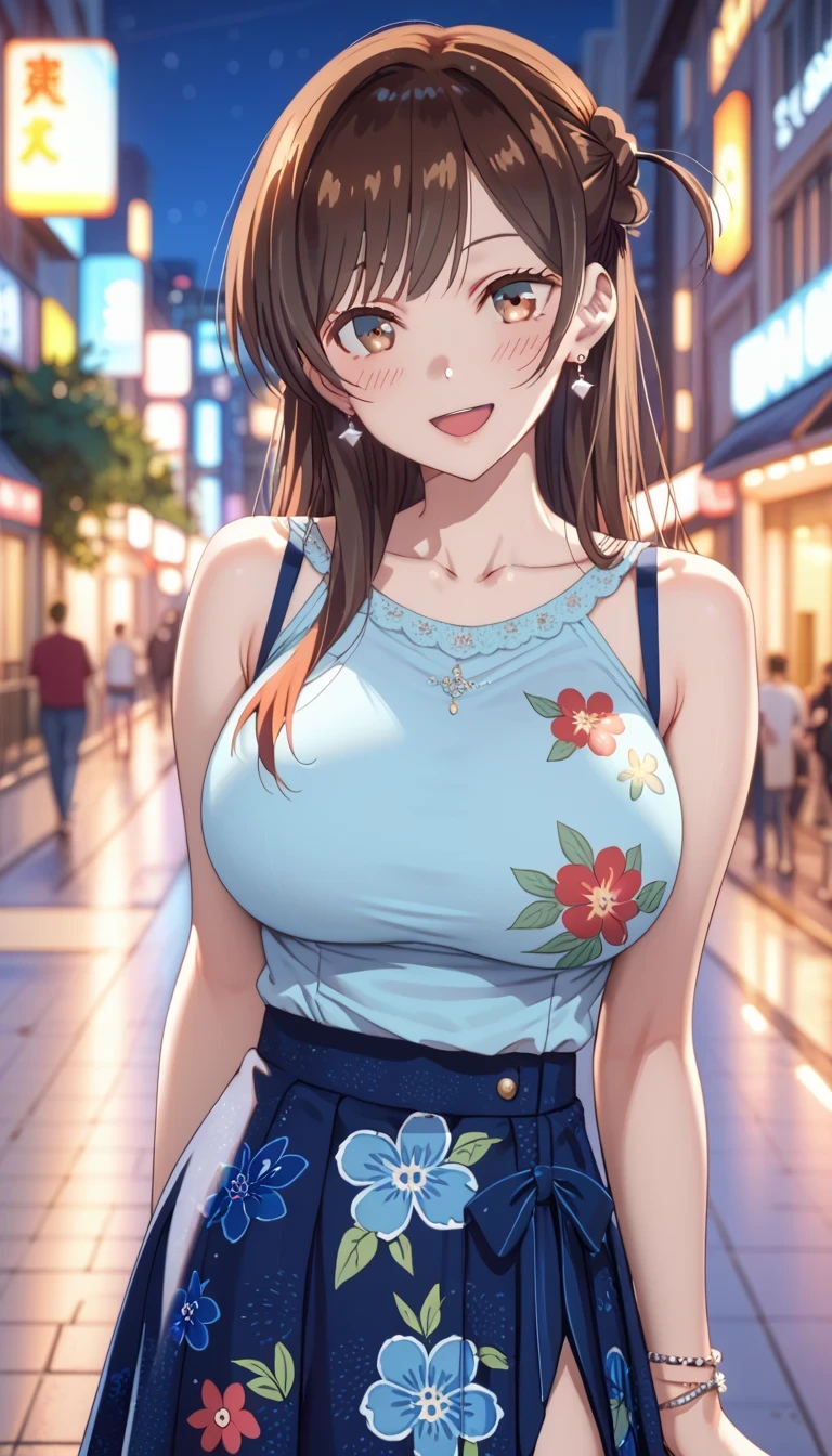 Tall girl, fit girl, chizuru ichinose, side tie up, masterpiece, best quality, highres, chi1, 1girl, long hair, solo, bracelet, bangs, huge breasts, 1girl, solo, jewelry, long_hair, skirt, brown_hair, open_mouth, smile, looking_at_viewer, earrings, bracelet, blue_skirt,city, night, blurry backgrounds, blurry backgrounds, shirt, collarbone, :d, brown_eyes, arm_behind_back, bangs, one_side_up, bare_shoulders, floral_print, blue_shirt, blush, head_tilt, standing, shoulder_cutout, ribbon, hand_up